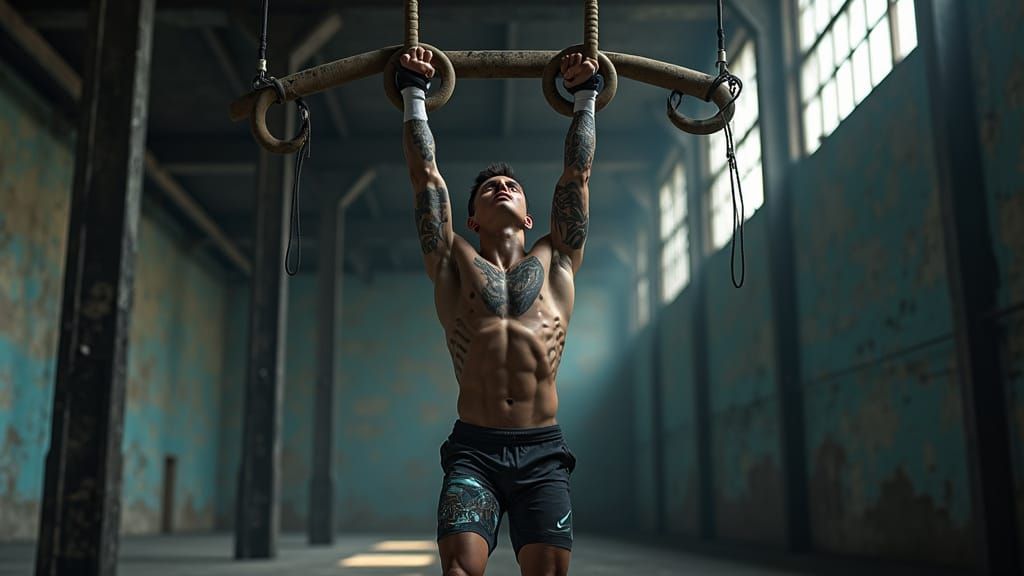 Athletic Man Performs Ring Muscle-Up in Dystopian Gym