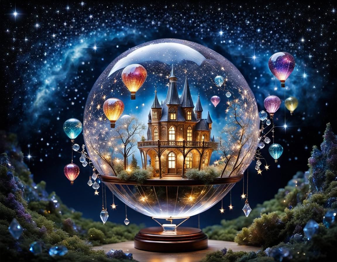 Crystal Air Balloon in Surreal Fantasy Landscape