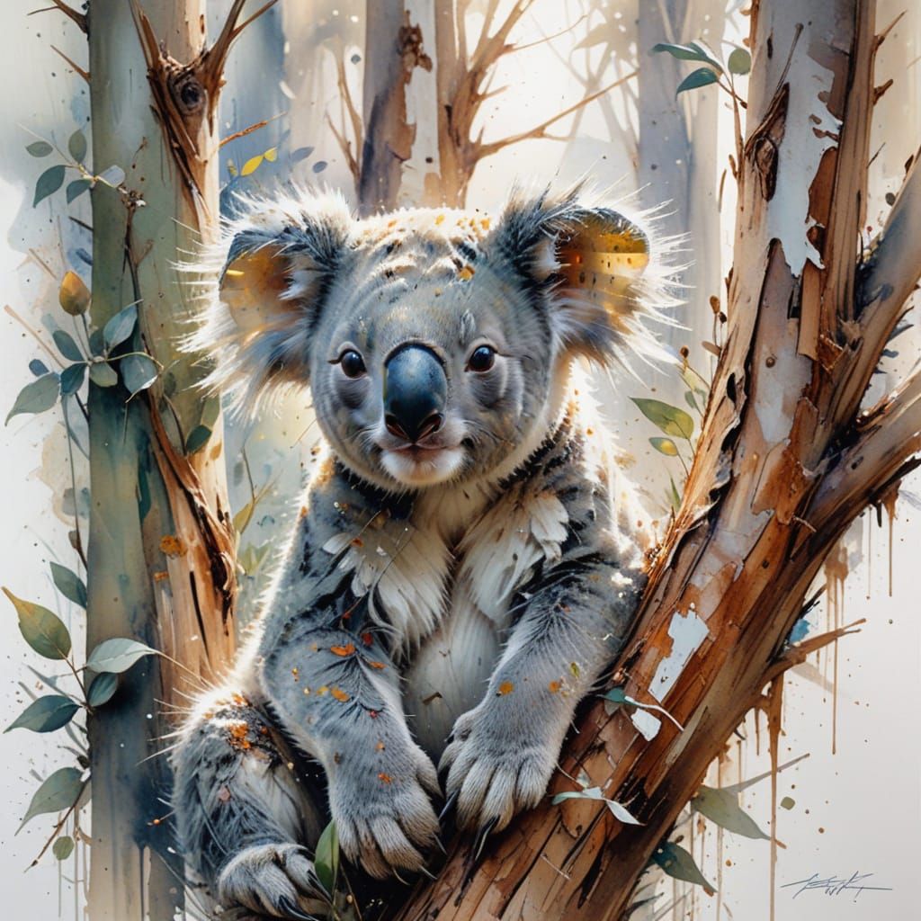 Koala in Eucalyptus Tree, Watercolour Art