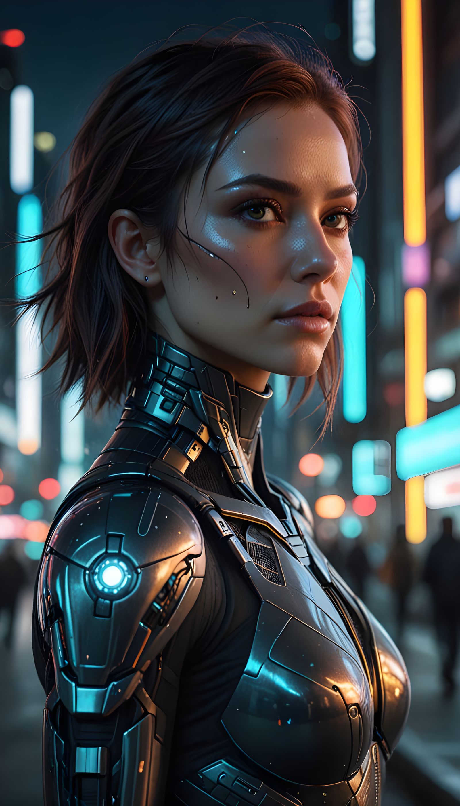 Futuristic Woman with Neural Tattoos in Cyberpunk Cityscape