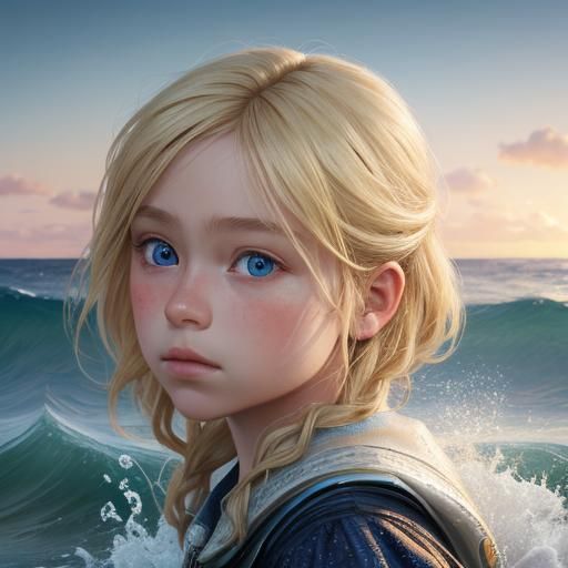 Hyperrealistic Young Girl Near Waves