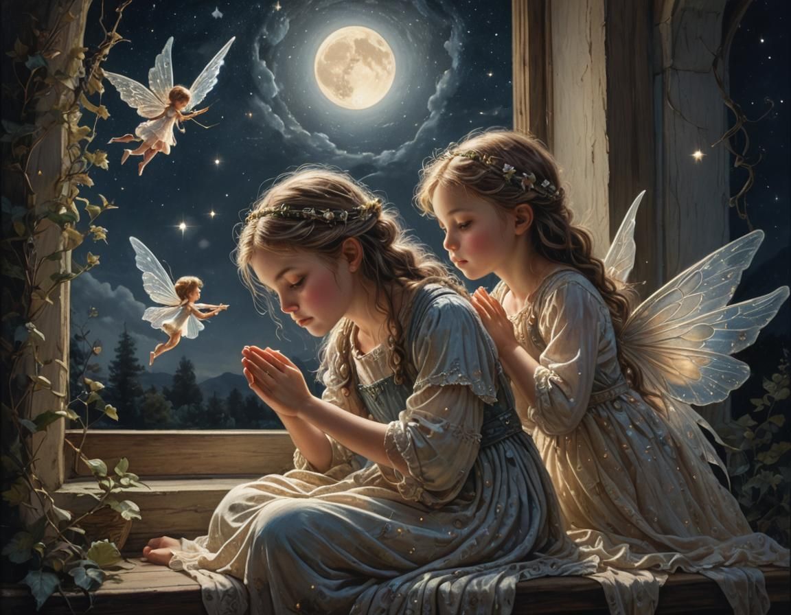 Fairy and Child Praying in Moonlight