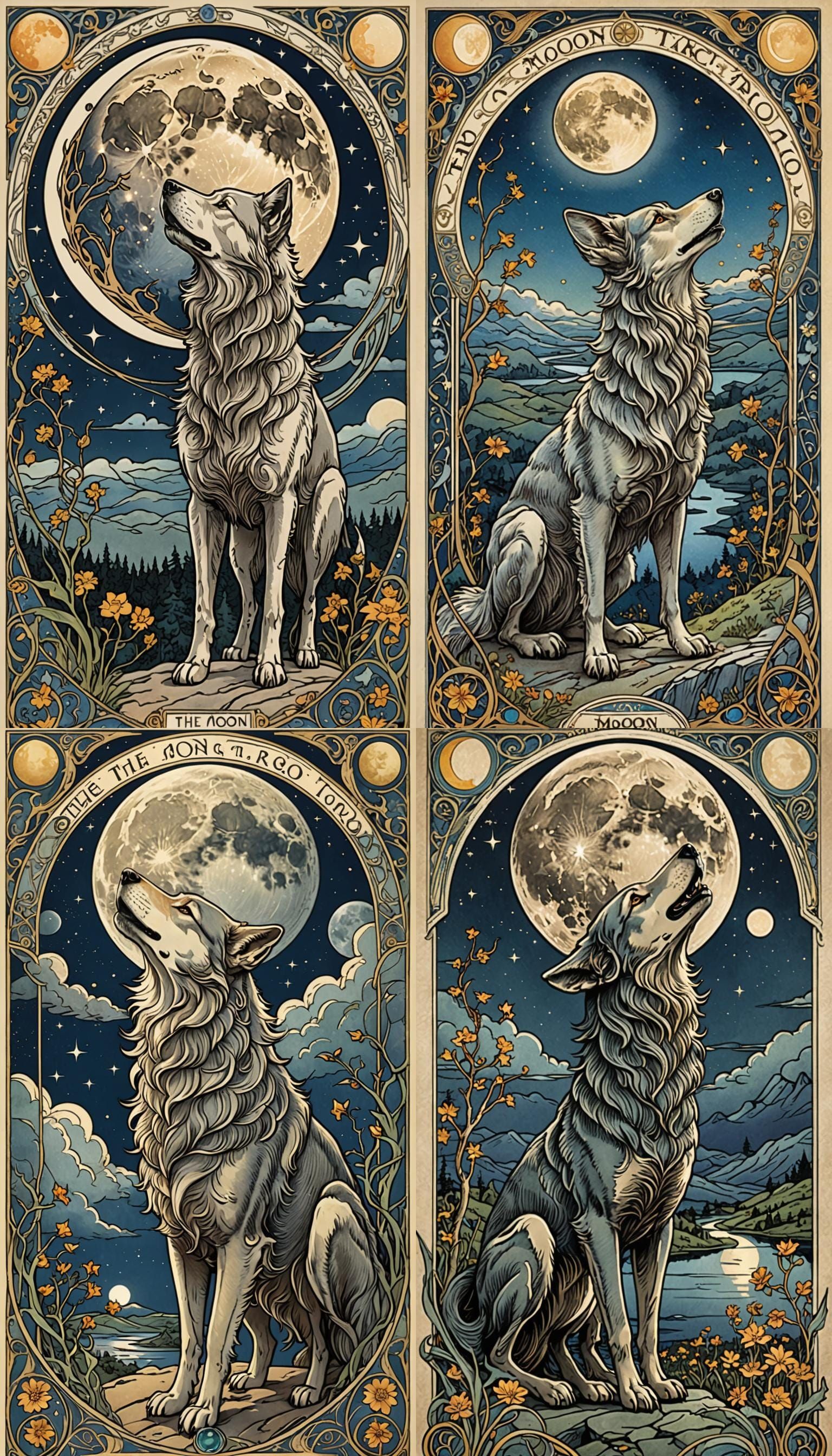 Art Nouveau Moon Tarot Card with Howling Animals