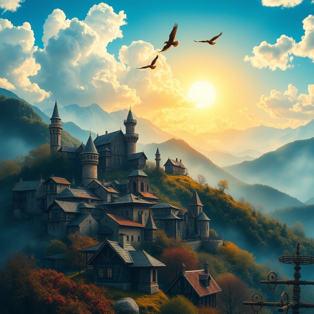 Enchanted Hilltop Village in Watercolor Style