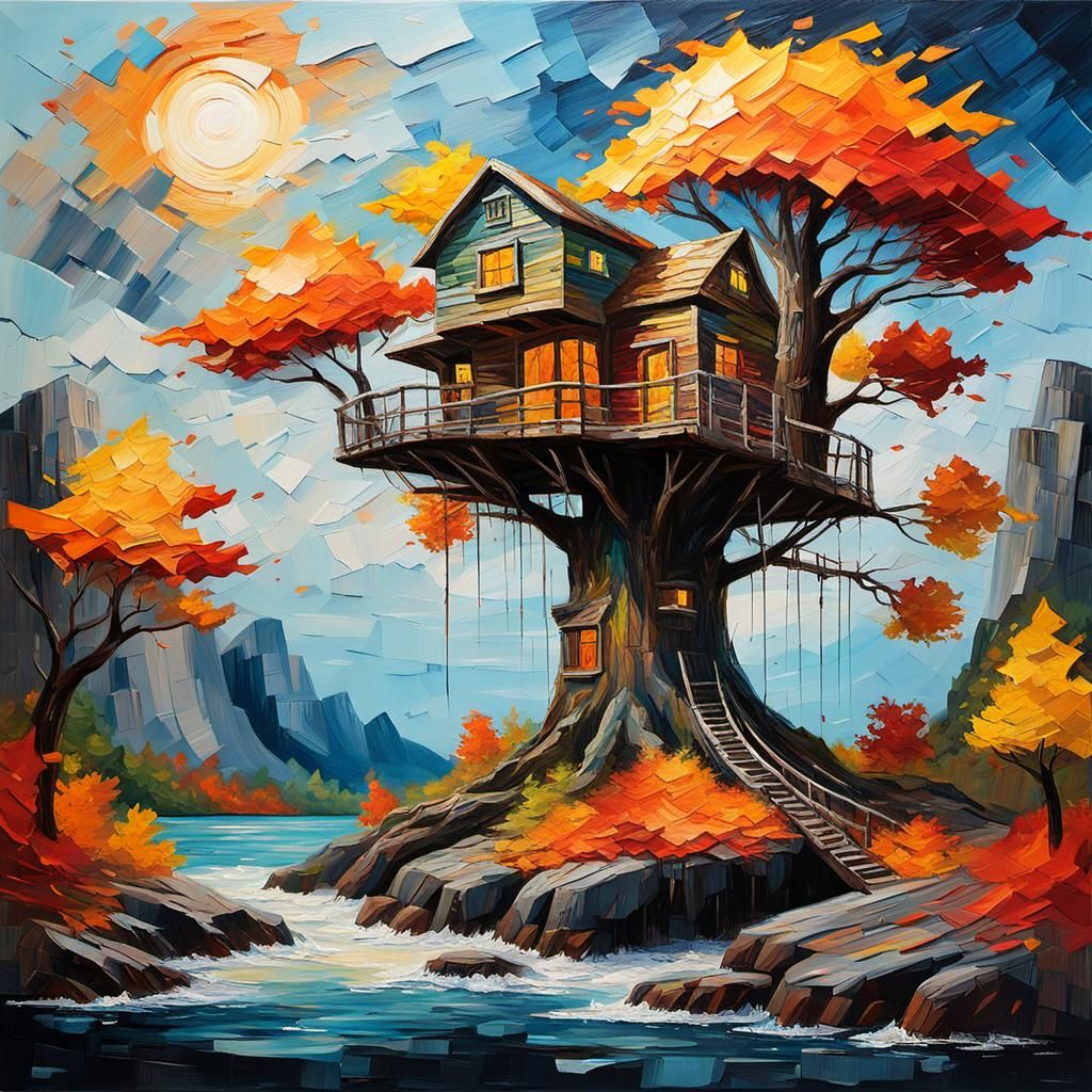 Colossal Treehouse on Rocky Island as Impasto Painting