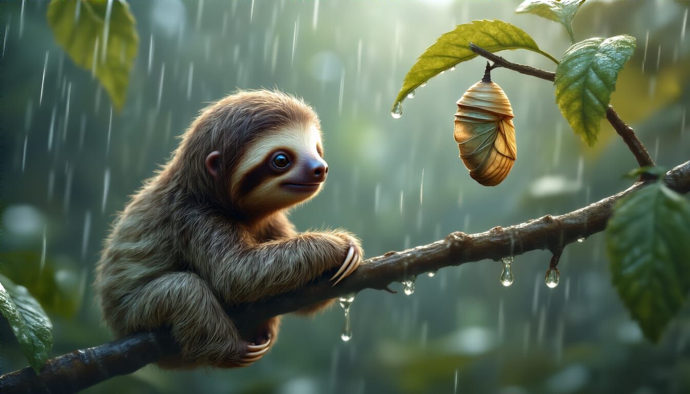 Baby Sloth Observes Chrysalis in Tender Rain Scene