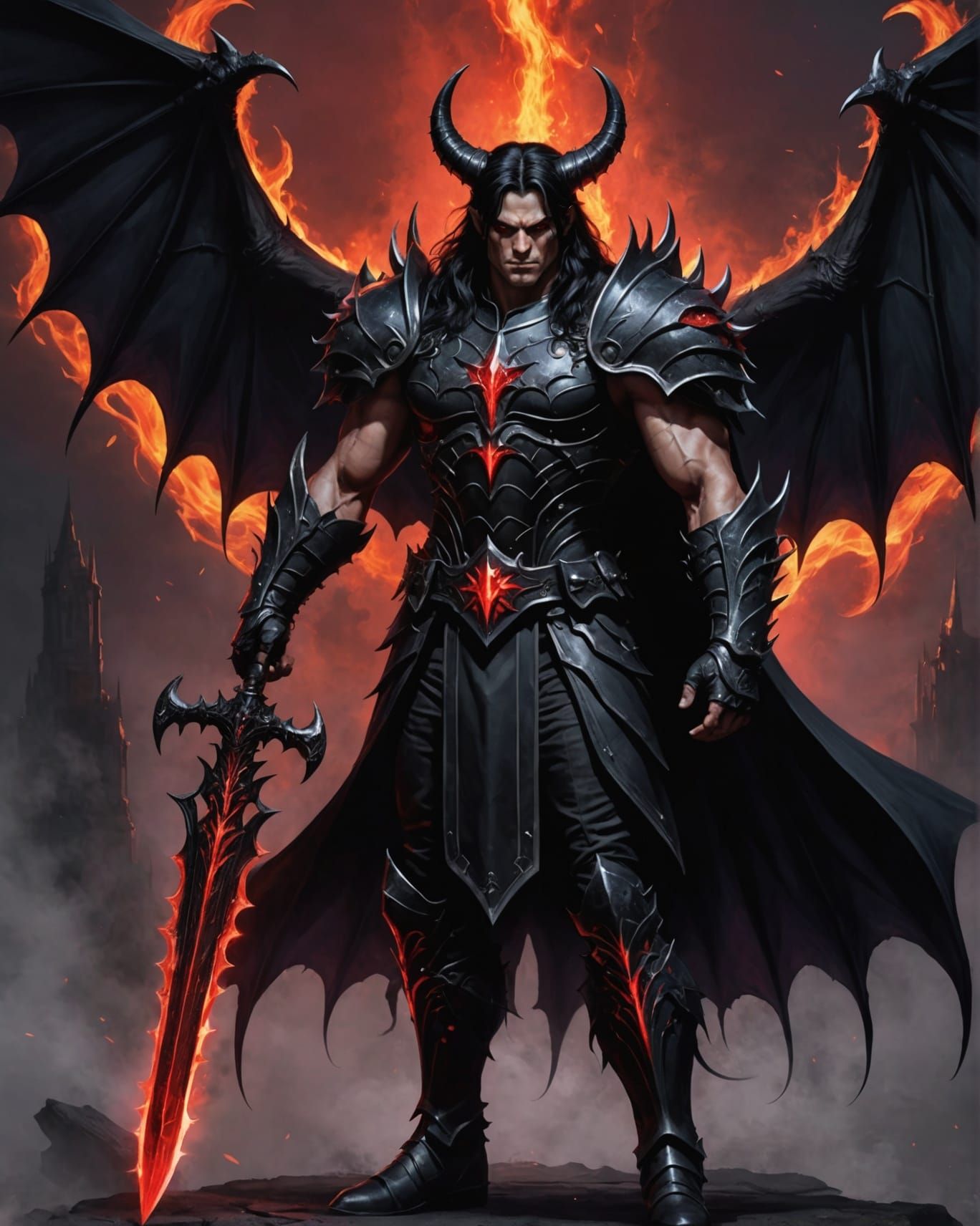 Muscular Half-Demon Warrior on Gothic Battlefield