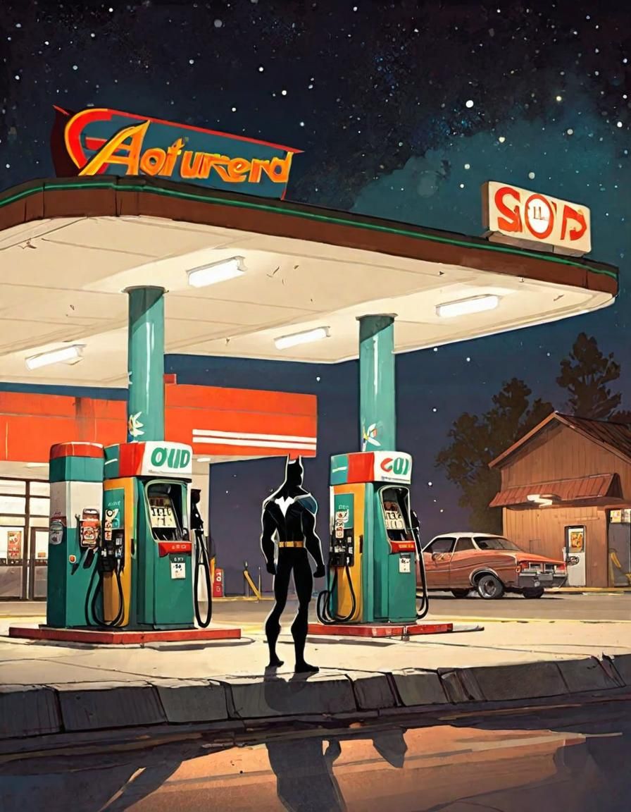 Superhero at Gas Station in Comic Book Style
