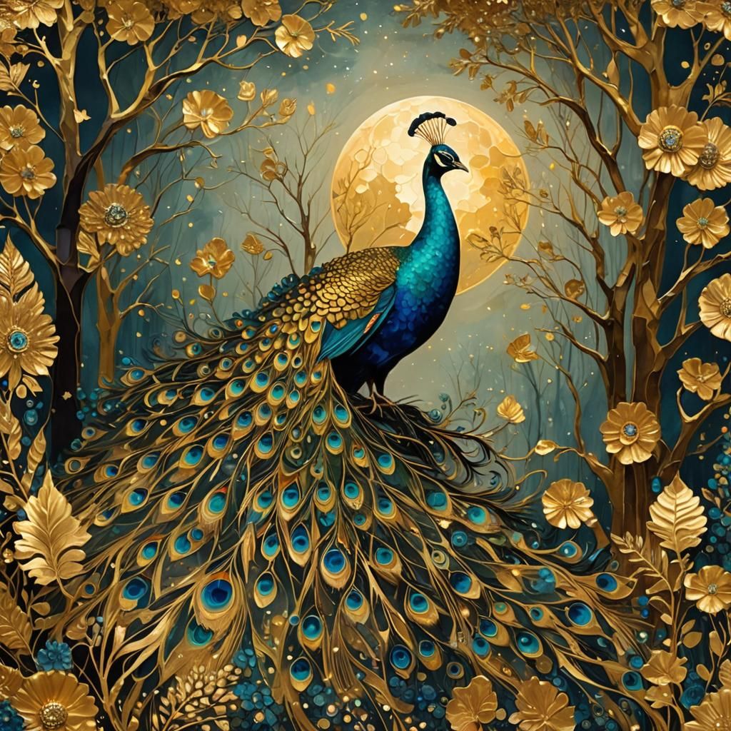 Enchanted Golden Peacock in Firefly Forest Collage