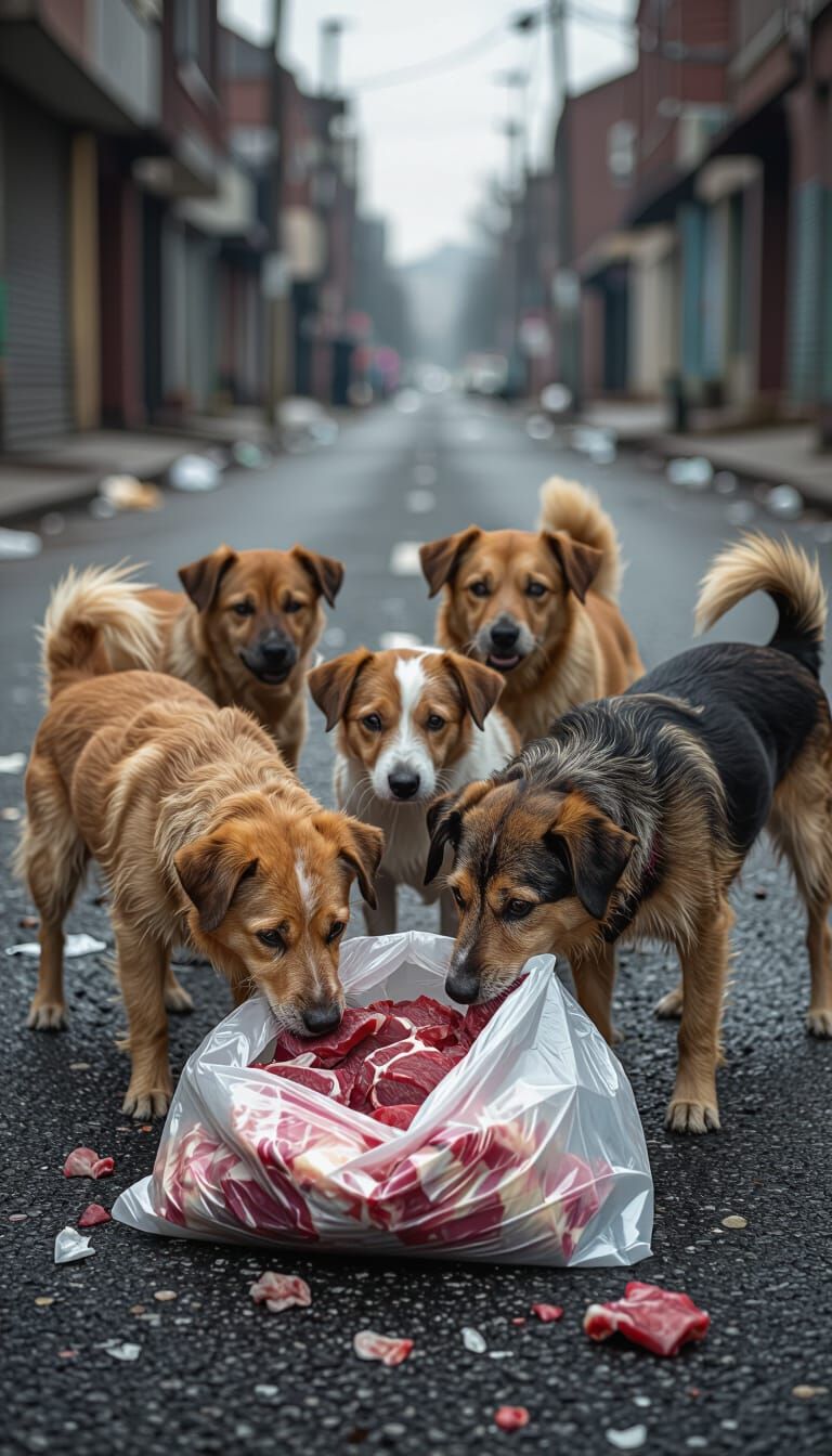 Scruffy Dogs Eat Meat on Gritty Urban Road