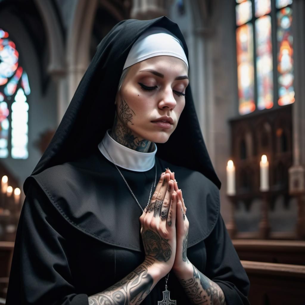 Tattooed Nun Praying in Gothic Church, Dreamcore Art