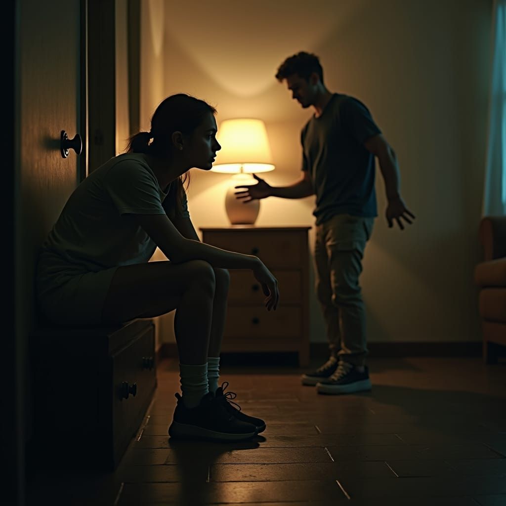 Pensive Woman Amidst Argument: Cinematic Film Still