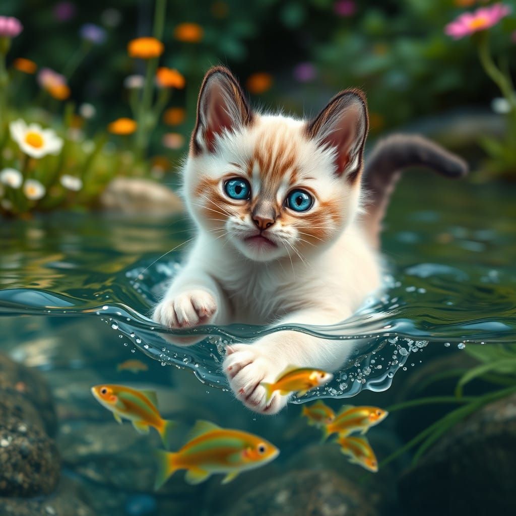 Whimsical Siamese Kitten Chases Fish in Crystal Clear Stream
