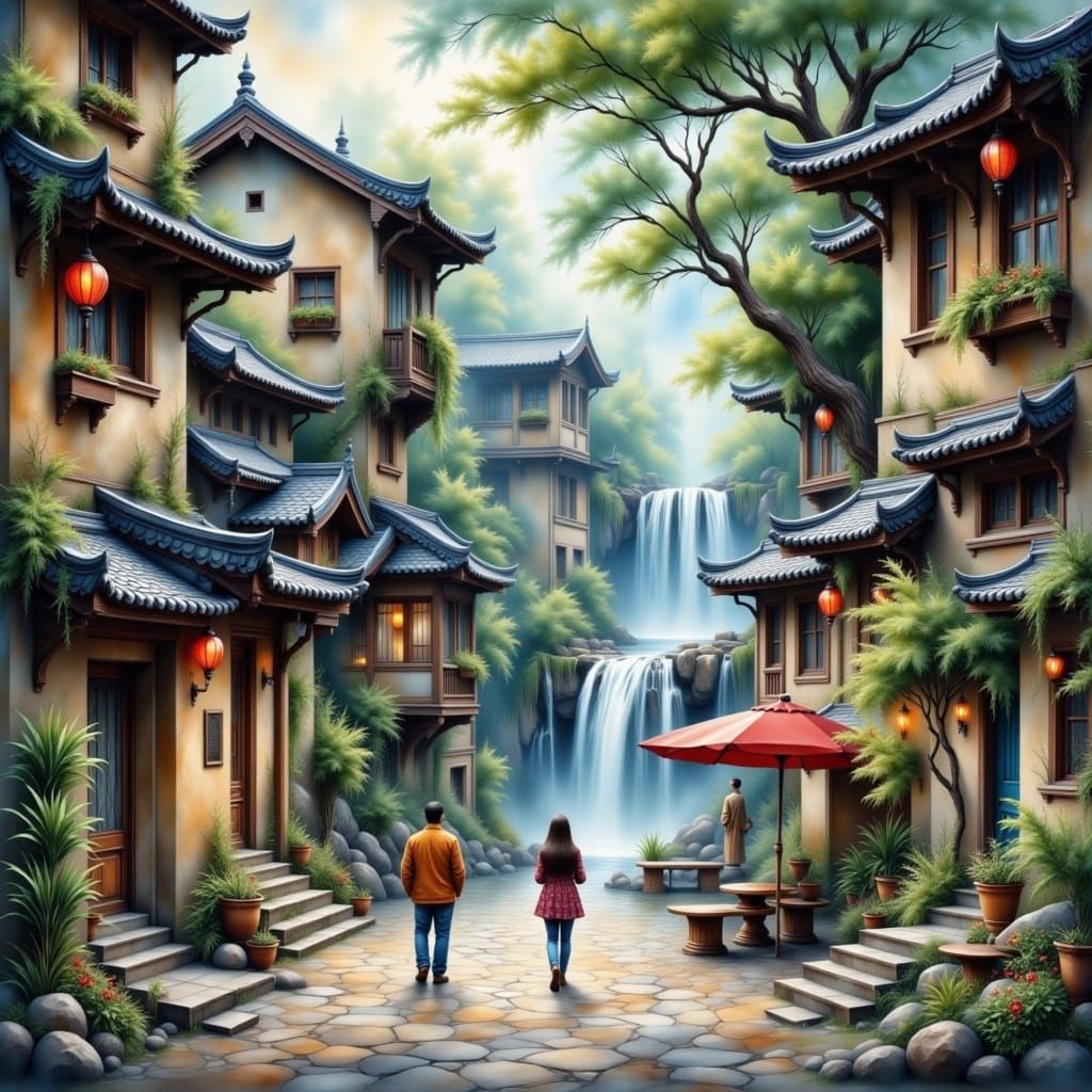 Asian Water Village in Ink Illustration Style
