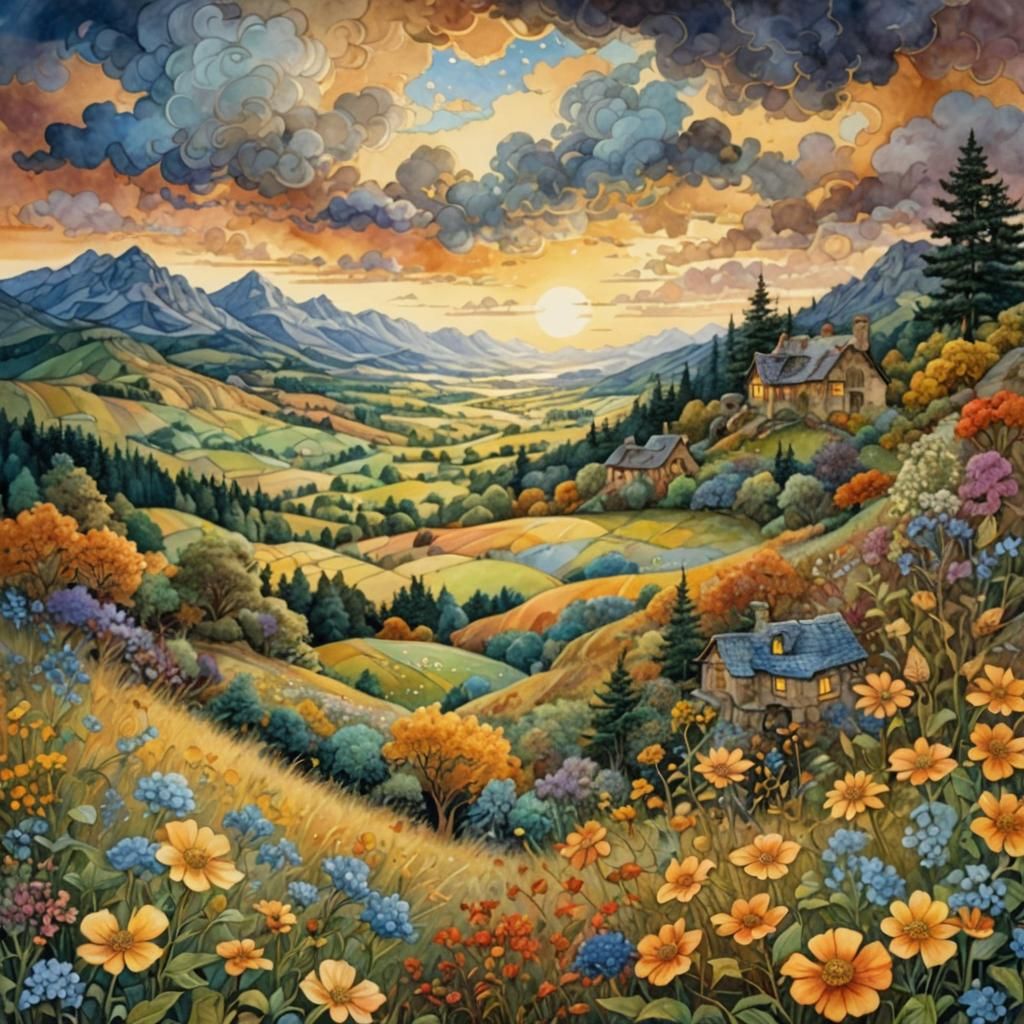 Autumn Landscape with Zentangle Patterns in Aquarelle