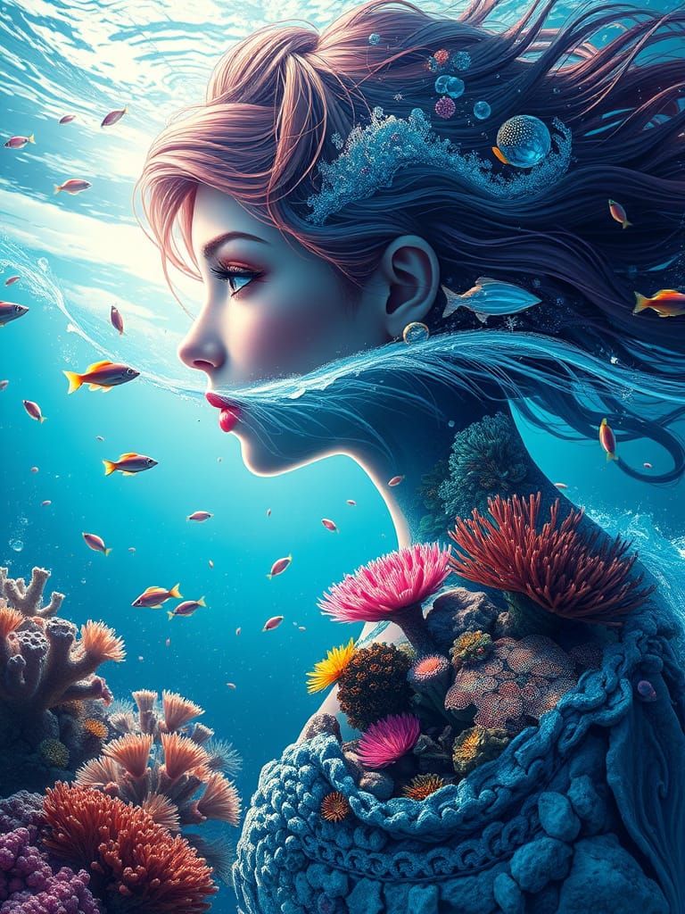 Mermaid Double Exposure with Coral Reef in Digital Art