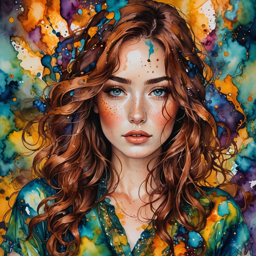 Alcohol Ink Portrait of a Freckled Woman