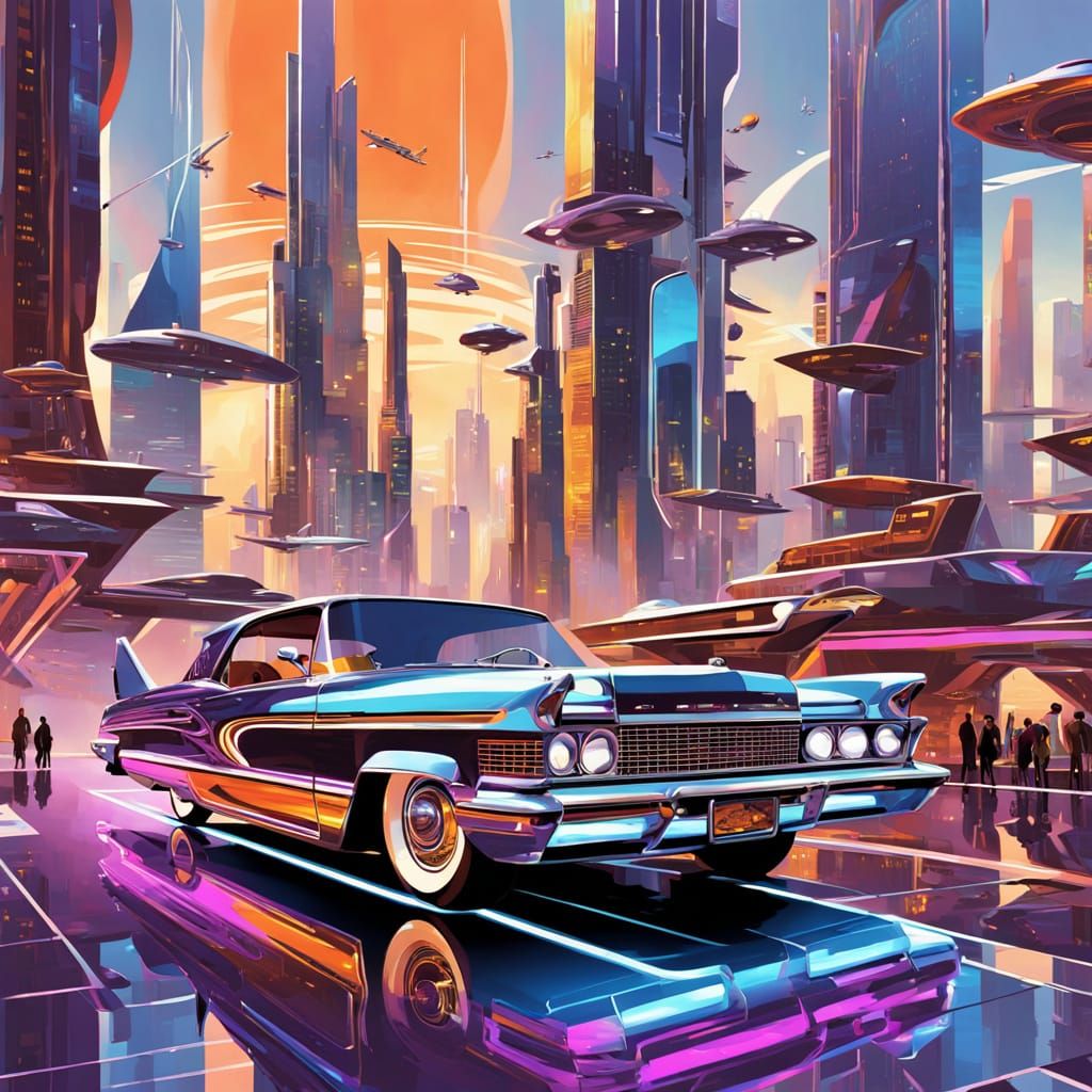 Chrome Lowrider Levitation in Retro Futuristic Cityscape