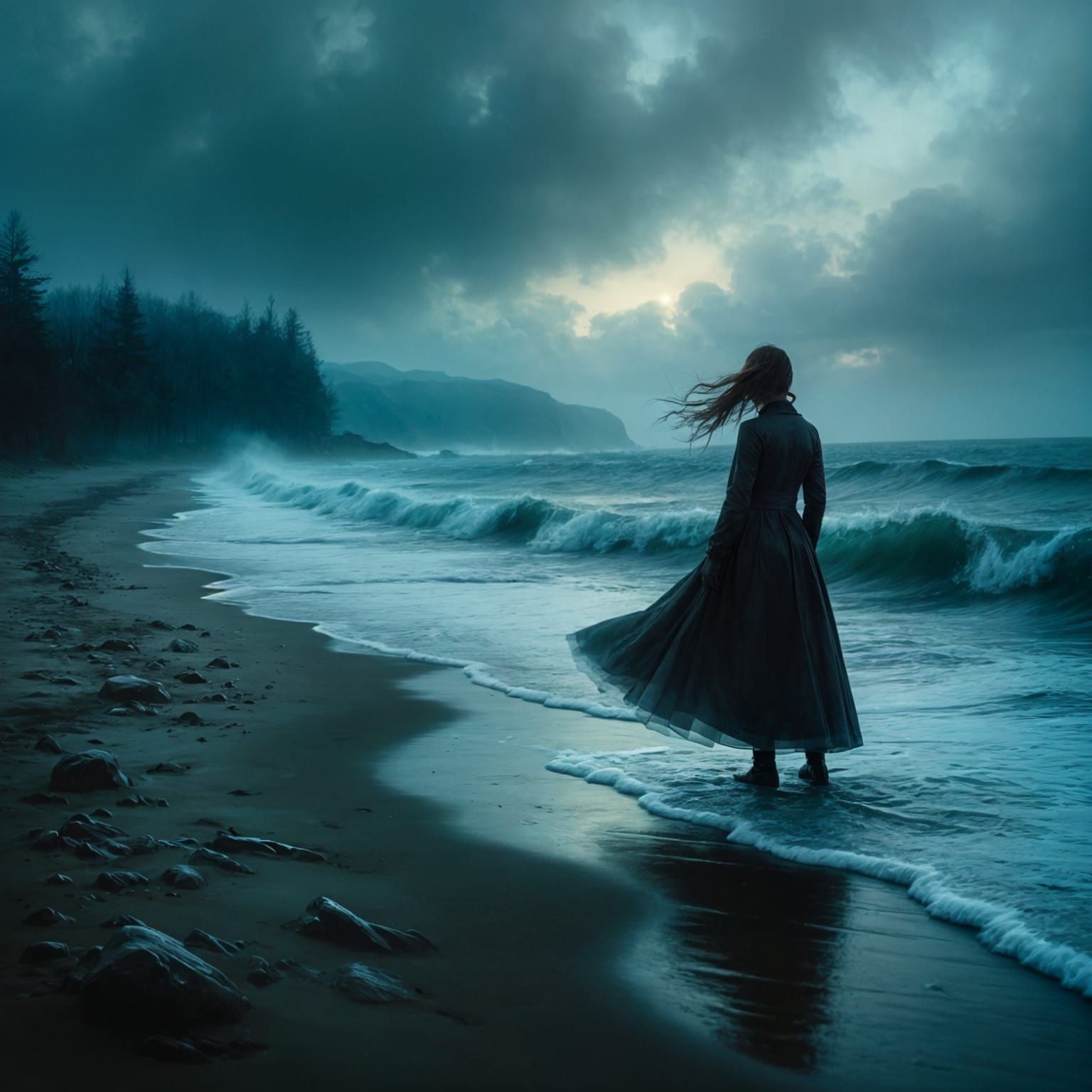 Twilight Beach Scene in Neo-Noir Style