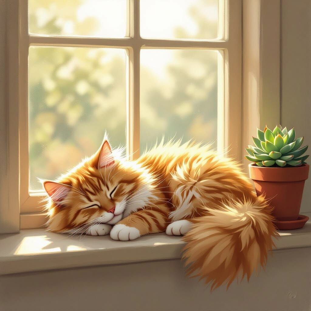 Fluffy Ginger Cat Napping on Sunny Windowsill