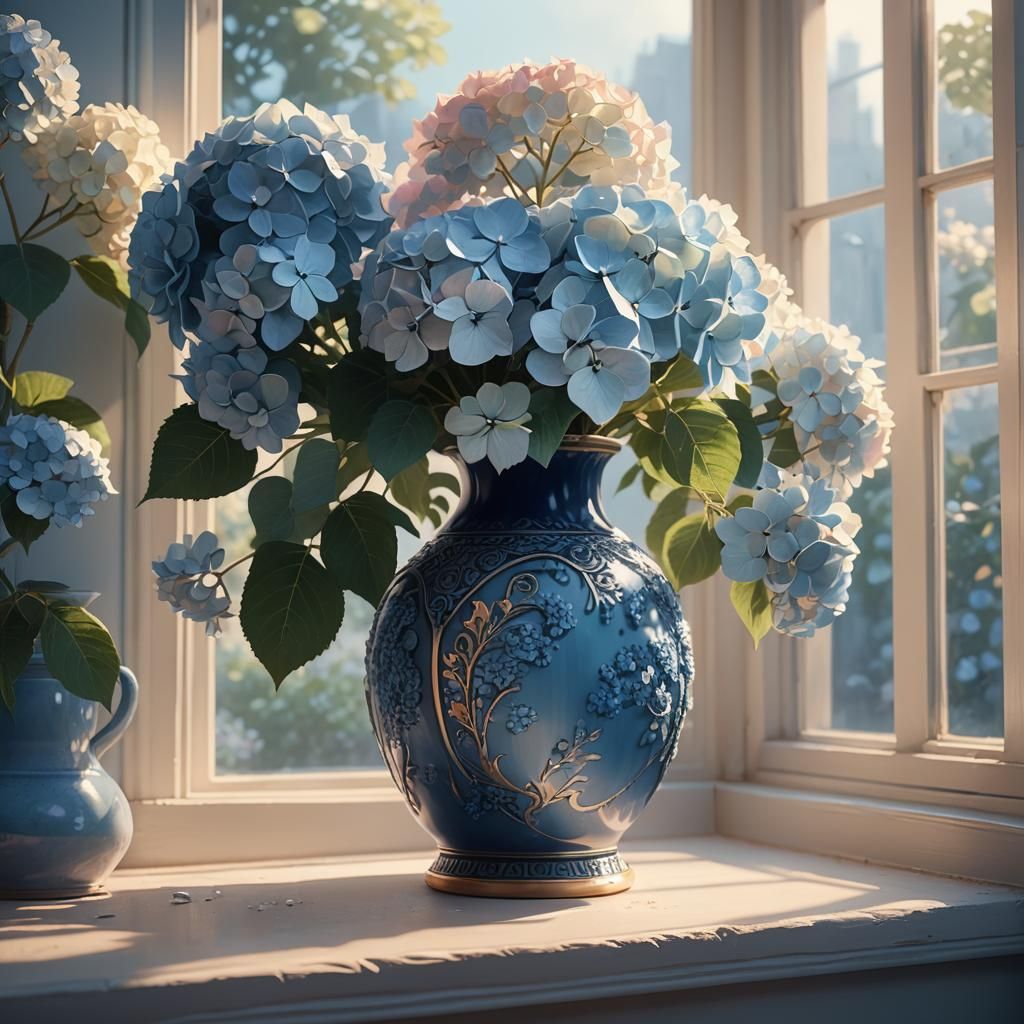 Hydrangeas on a Windowsill: Fantasy Matte Painting