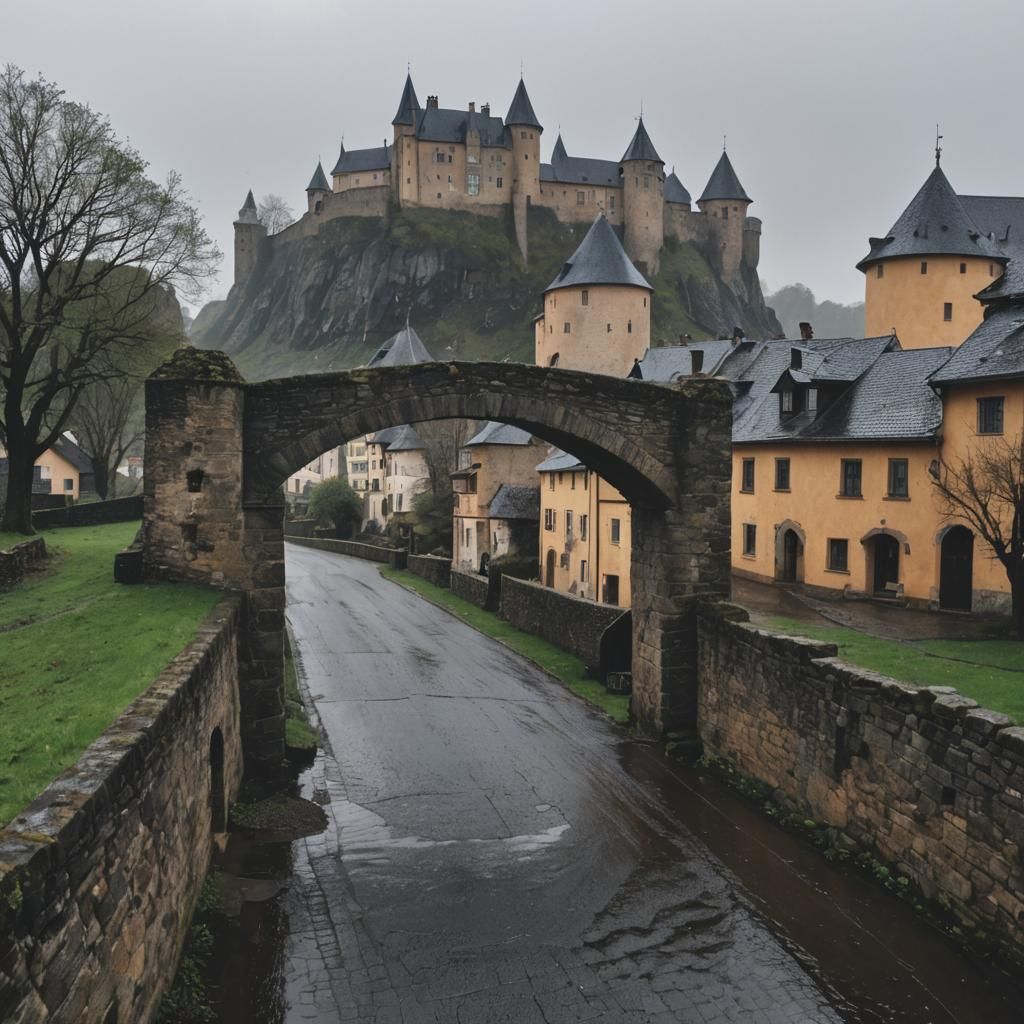 Medieval Castle and Village in Rainy Weather