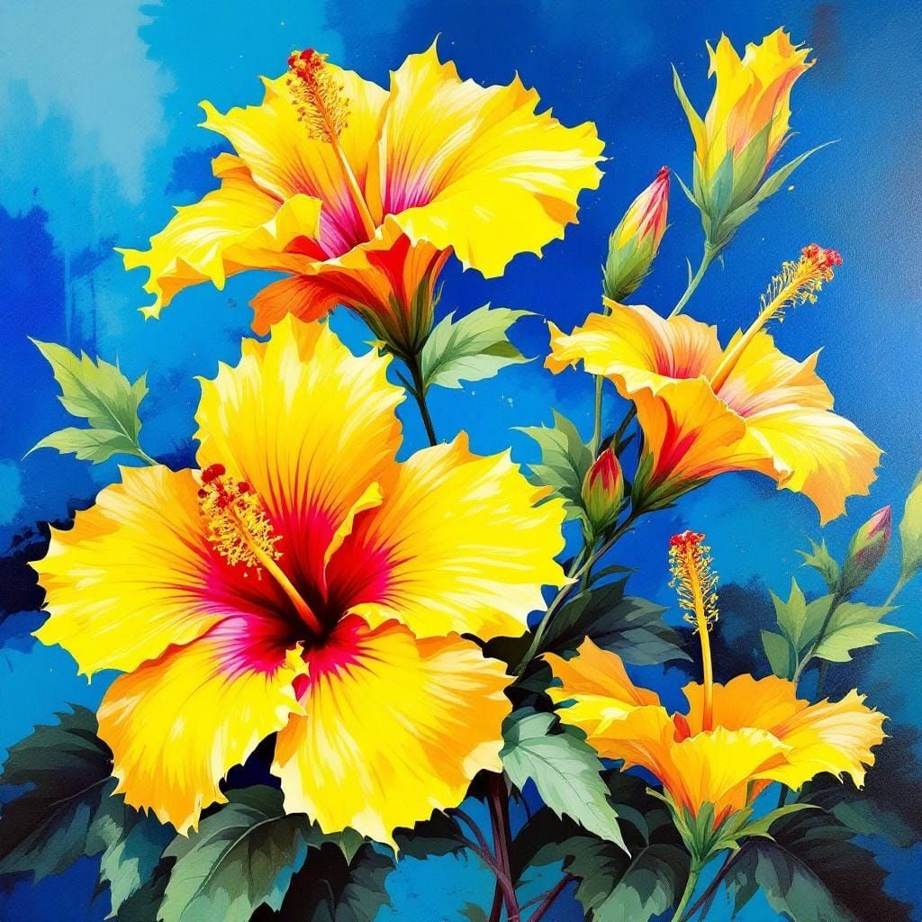 Yellow Hibiscus Graffiti Art on Blue Background