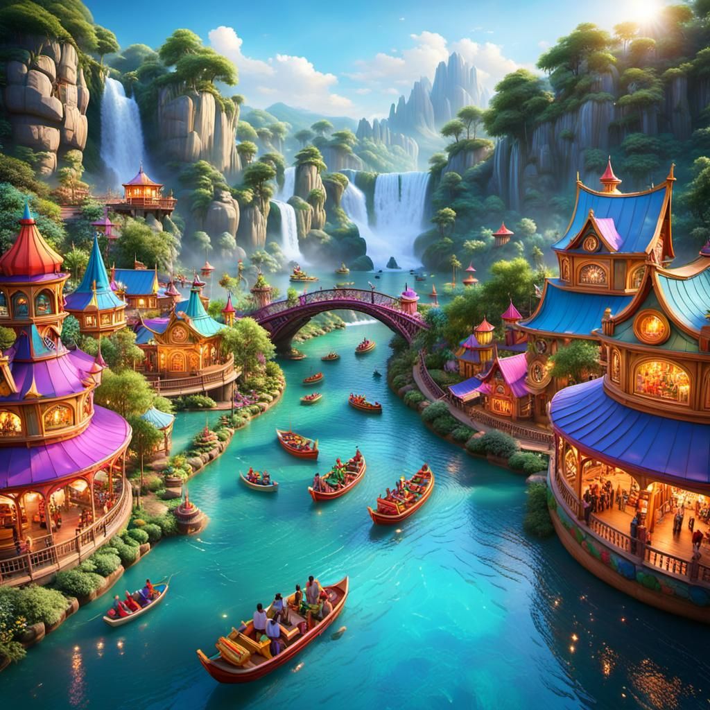 Vibrant River Amusement Park in Detailed Matte Painting