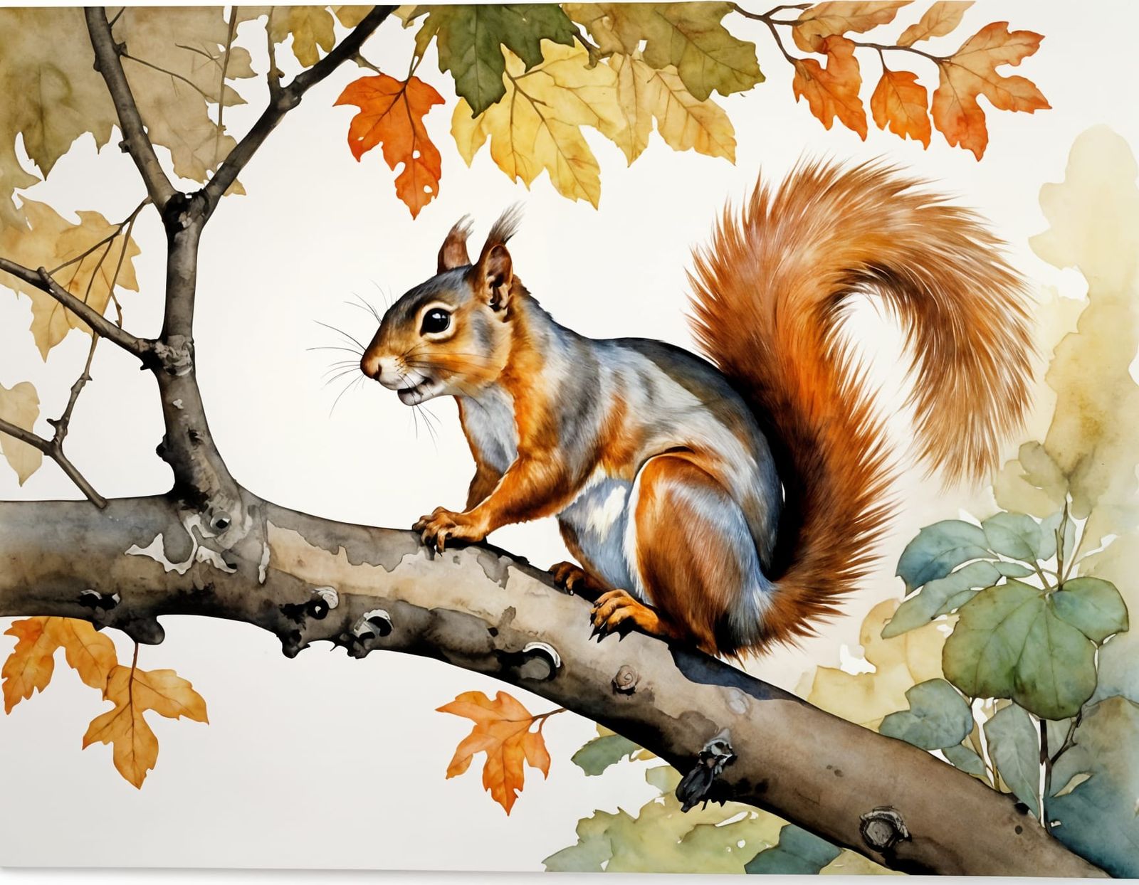 Whimsical Squirrel Perched on Tree Branch in Watercolor Styl...