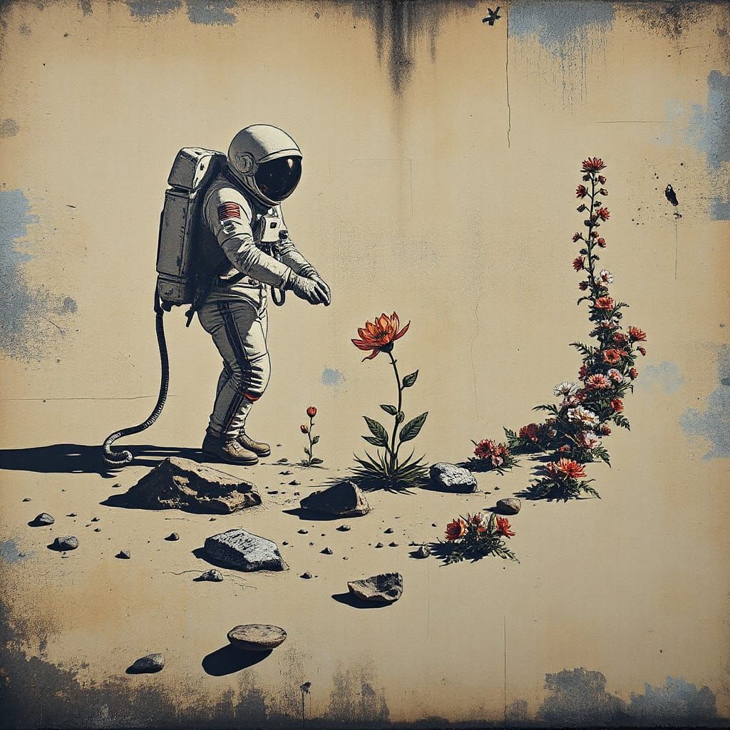 Astronaut Planting Flower: Street Art in Sepia Tones