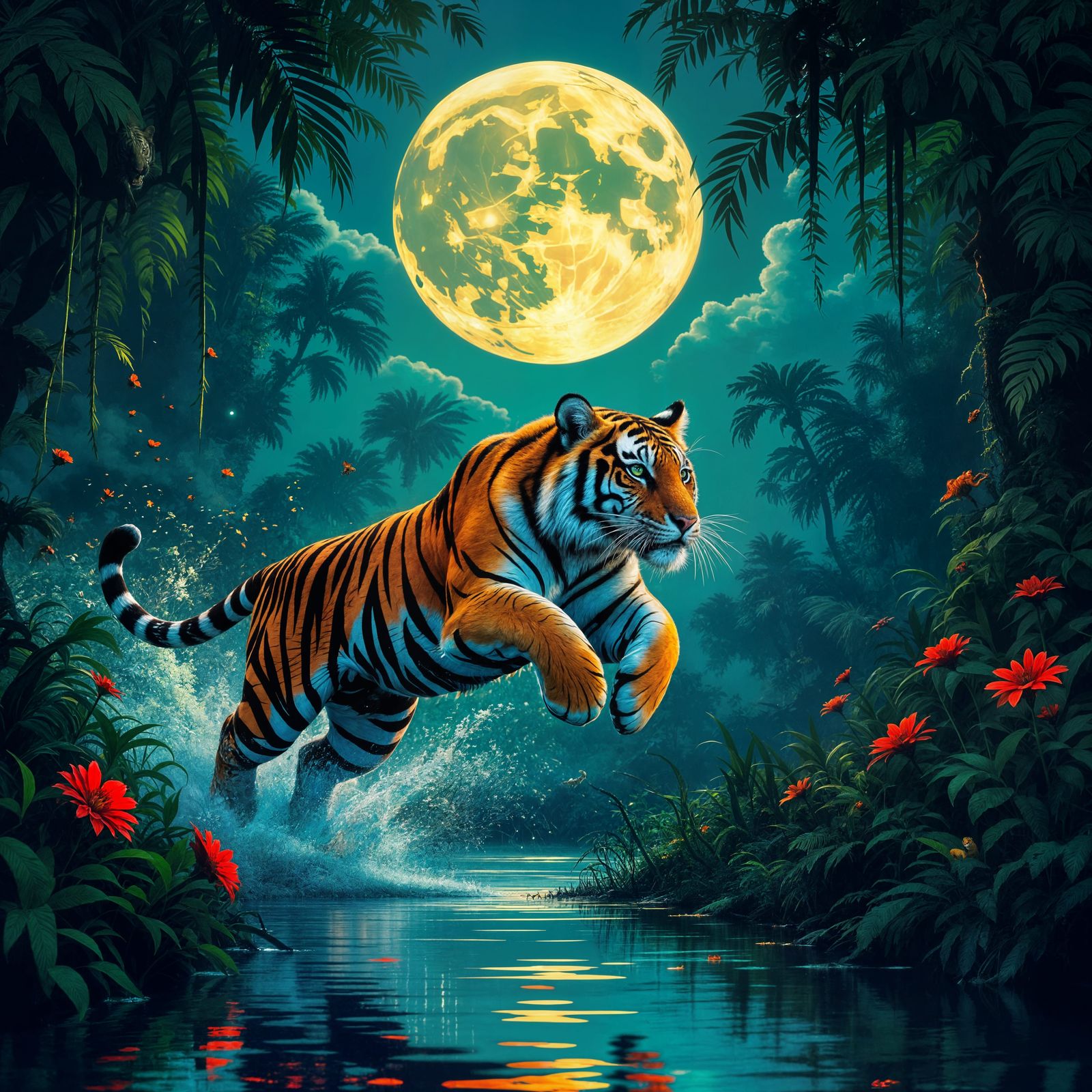 Tiger Leaping from Jungle in Glitch Art Style