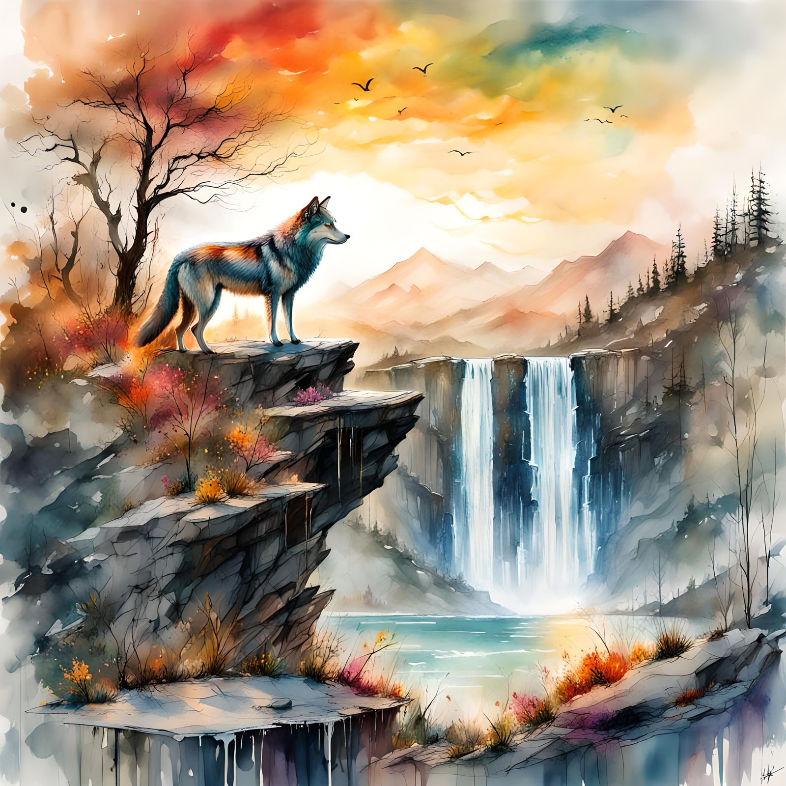 Wolf at Sunset: Stylized Watercolor Seasonscape