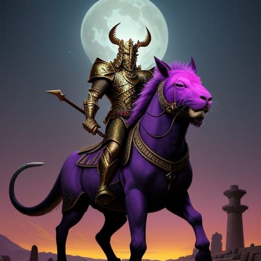 Gilgamesh Rides Pink Rat Towards Ziggurat in Digital Paintin...
