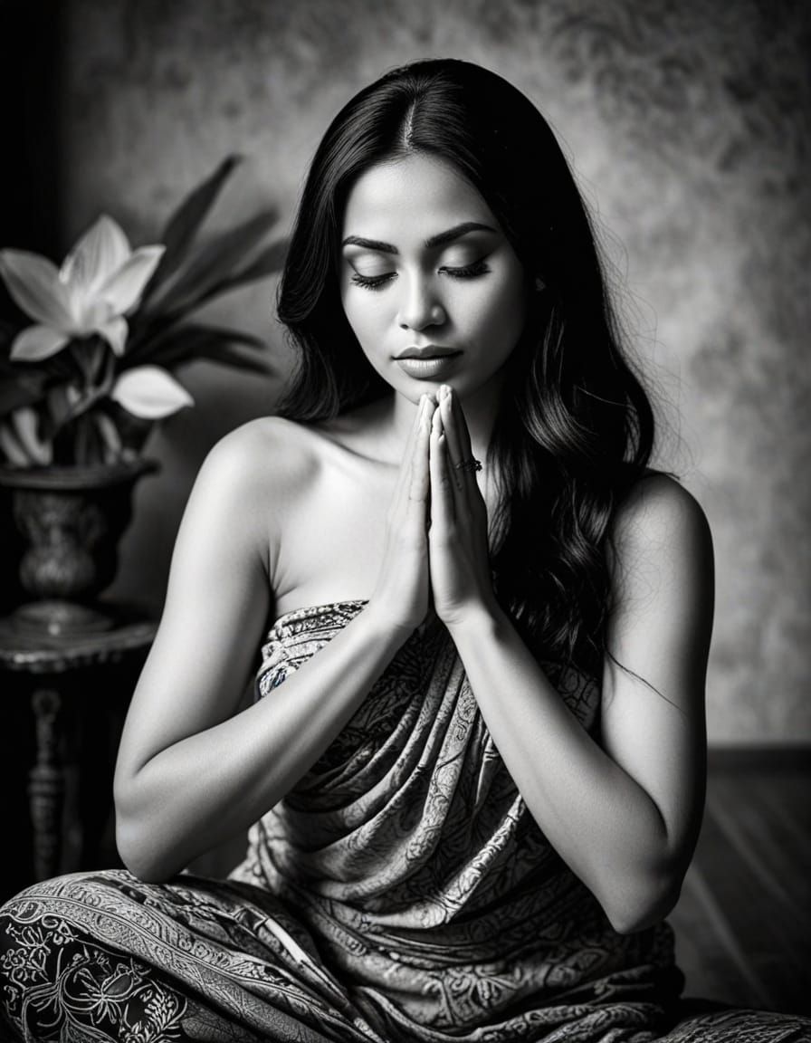 Vintage Portrait of Indonesian Woman in Prayer