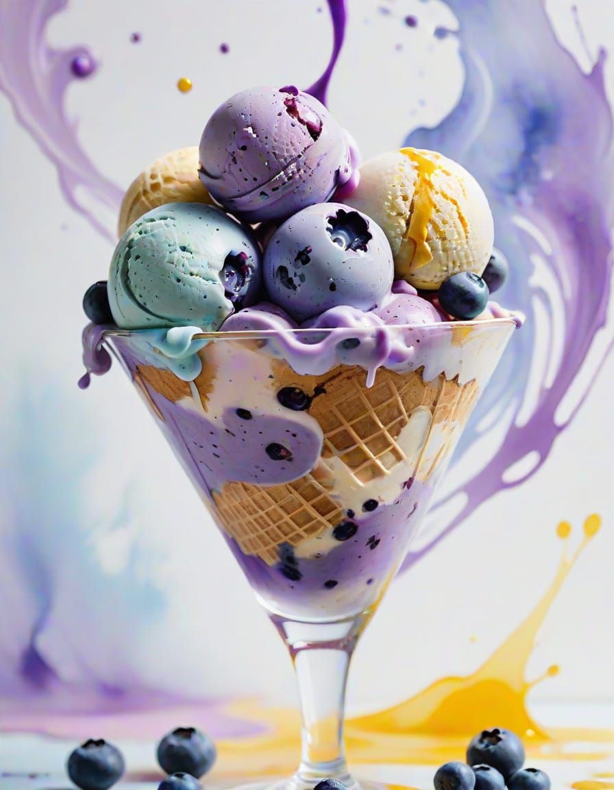 Blueberry Lavender Ice Cream Parfait in Watercolor Style