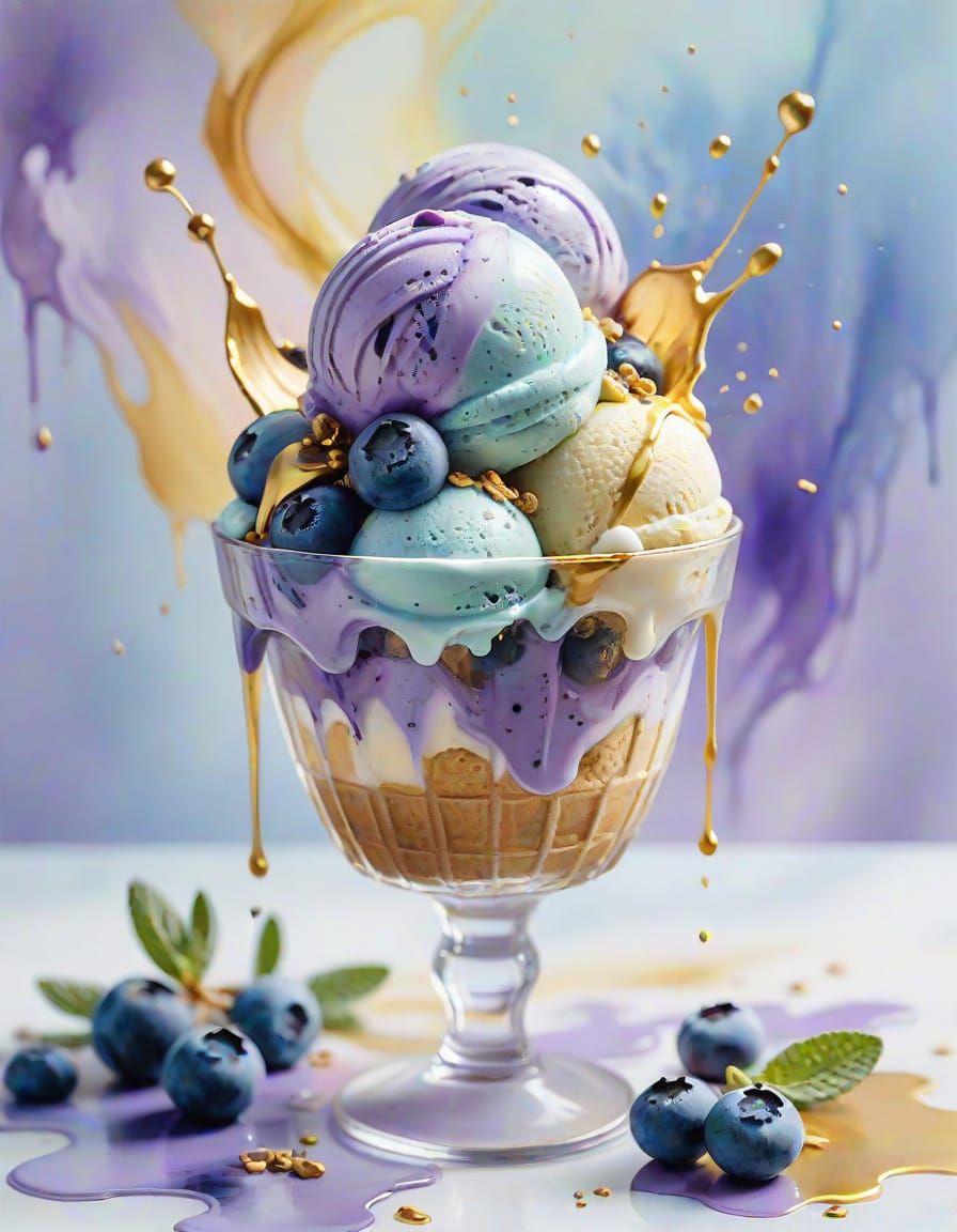Blueberry Lavender Ice Cream Parfait in Watercolor Style