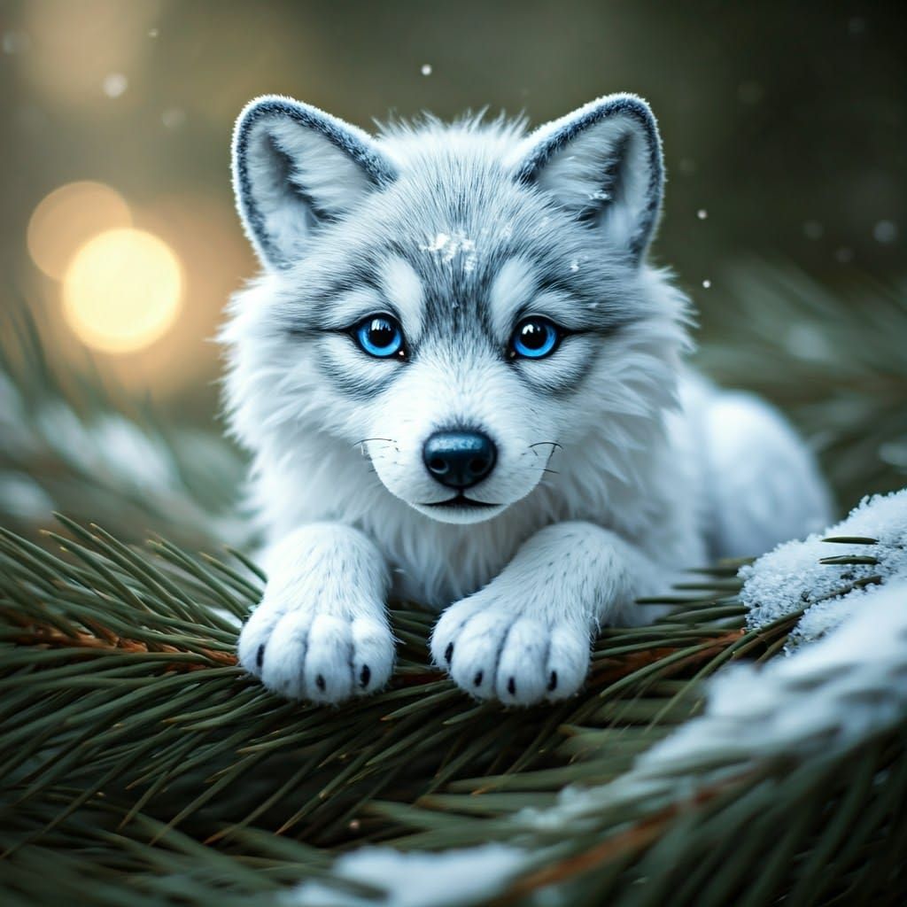 Hyperrealistic Crochet Wolf Pup in Snow