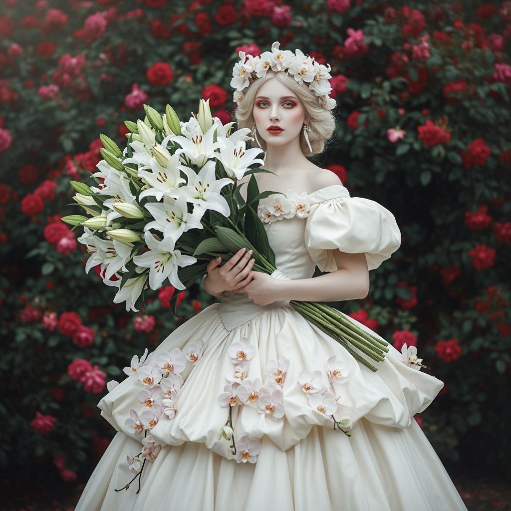 Orchid Gown and Lily Bouquet: A Floral Portrait