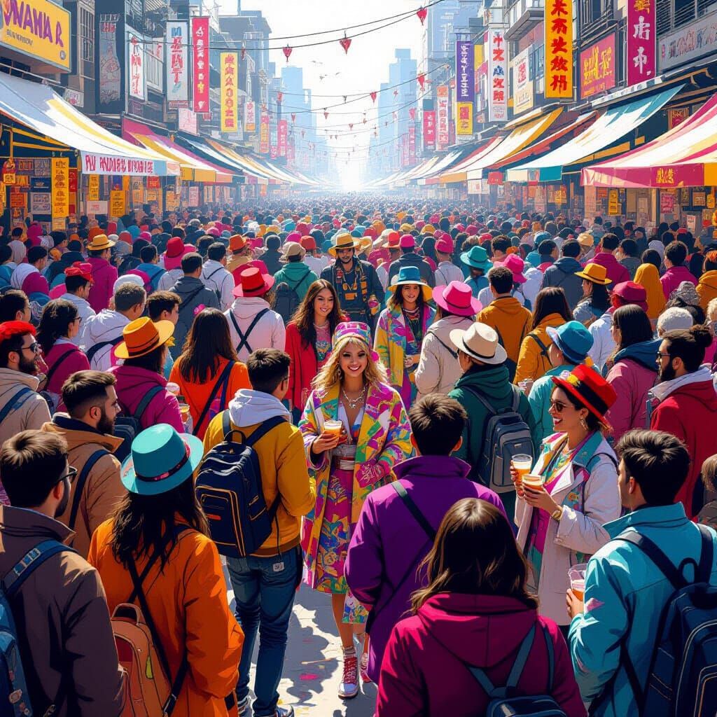 Joyful Crowd in Vibrant Clothing, Digital Painting Style