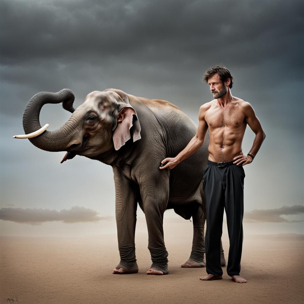 Shirtless Man Holding Elephant: Professional Portrait Photog...