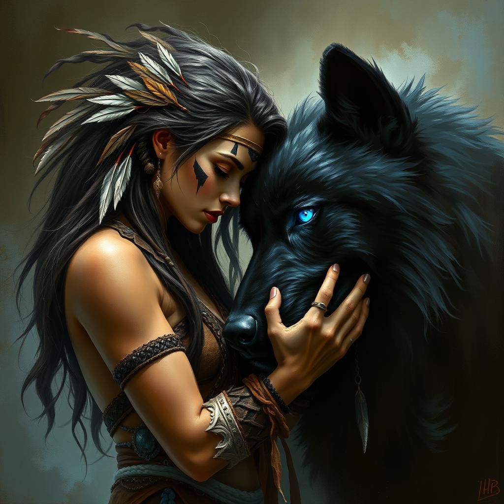 Warrior Woman and Black Wolf Spiritual Bond