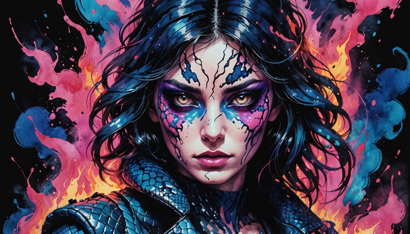 Cyberpunk Woman with Snakeskin Cateyes in Neon Fire