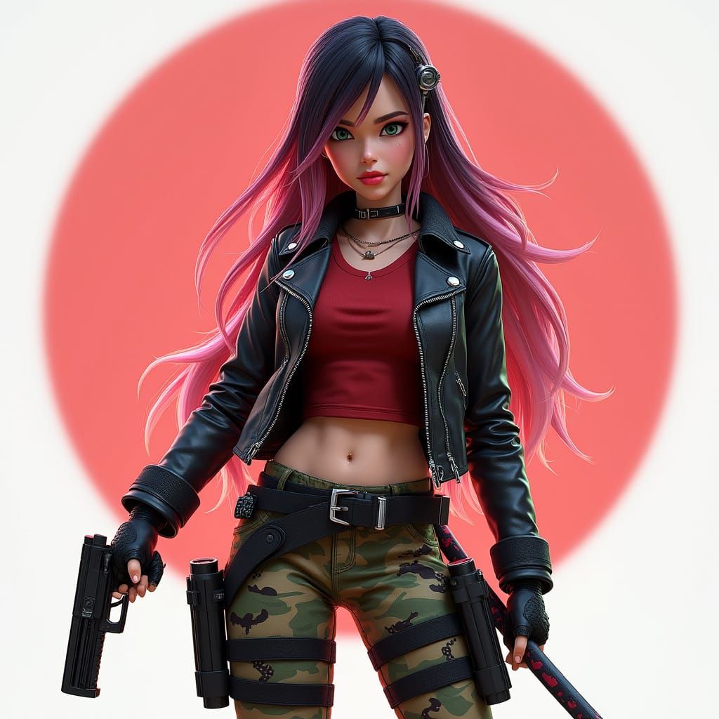 Cyberpunk Samurai with Pink Hair and Dual Weapons