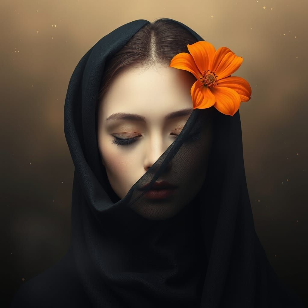 Woman with Veil and Flower in Ethereal Style