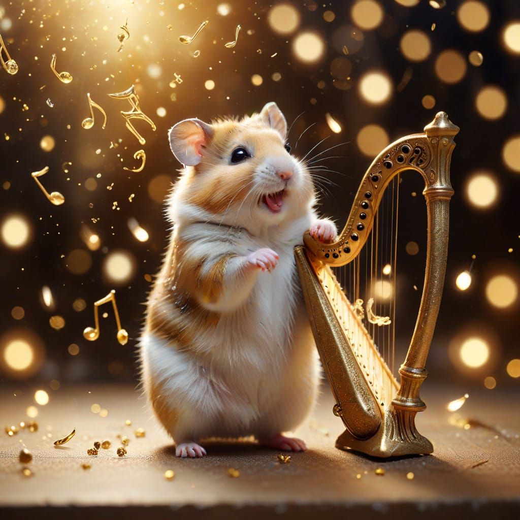 Whimsical Hamster Plays Enchanted Harp in Dreamy Fantasy Sce...