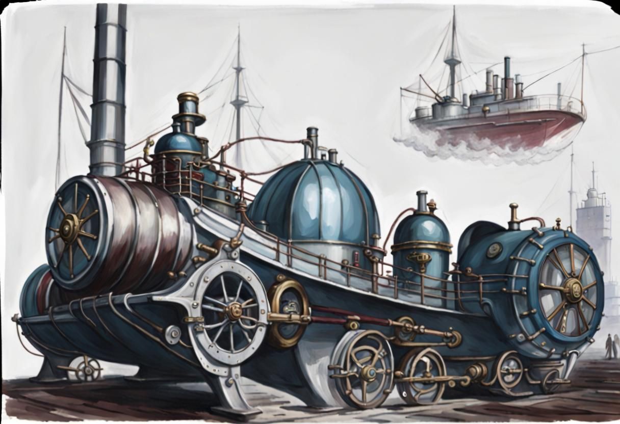 Steampunk Hovercraft Racing Past Factories