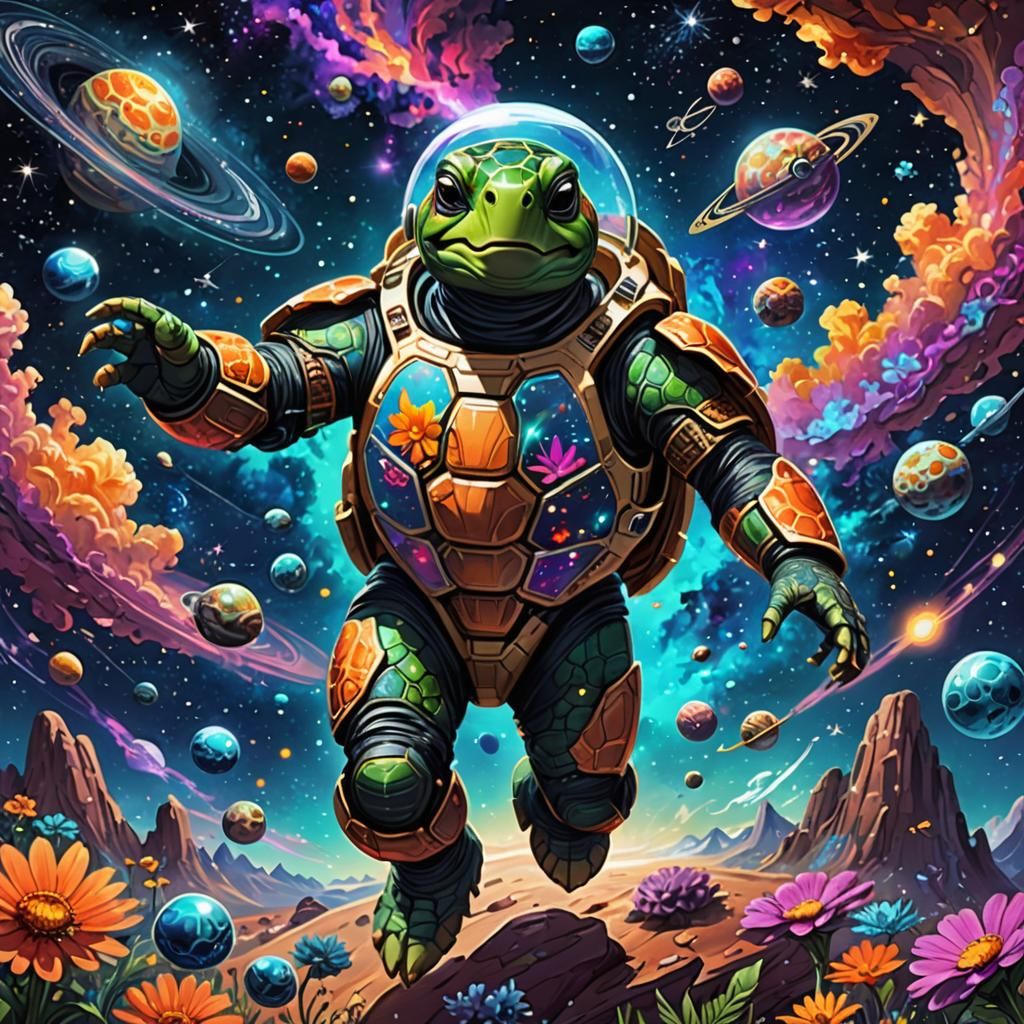 Joyful Turtle in Spacesuit Exploring Cosmos
