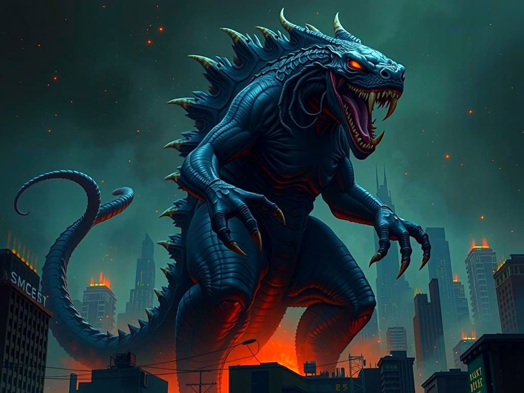 Split-Tail A Godzilla Variant, in the style of Giger