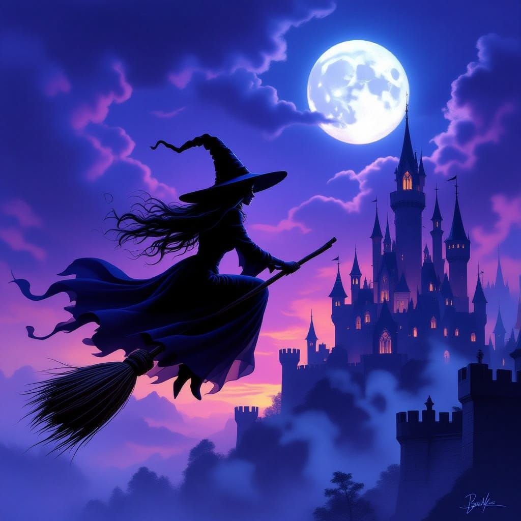 Witch Flying Broomstick Before Gothic Castle at Twilight