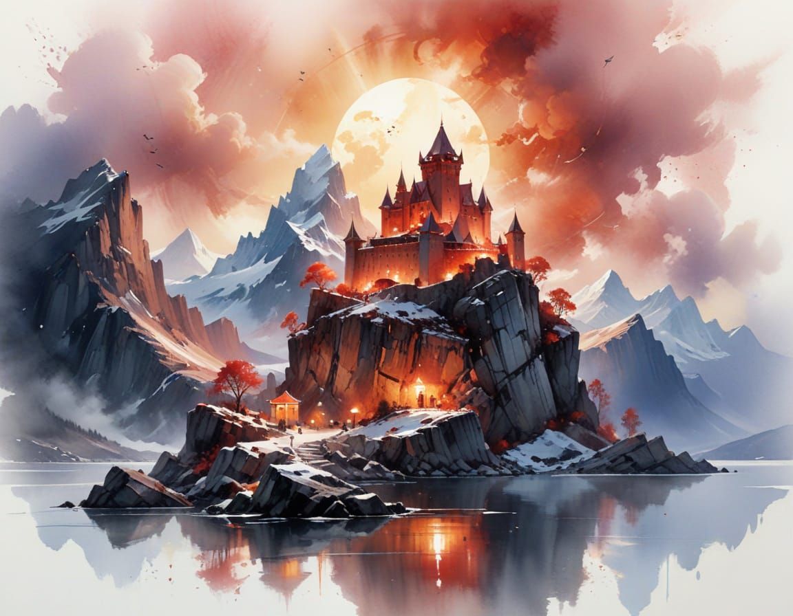 Hidden Mountain Fortress at Twilight with Surreal Sky